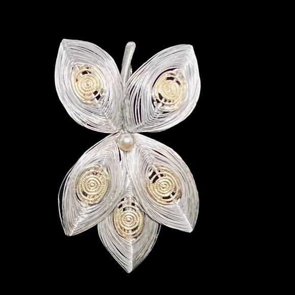 Silver Tone And Gold Tone Wire Wrapped Leaf Clip On Earrings & Brooch Set (4604) - Picture 2 of 7